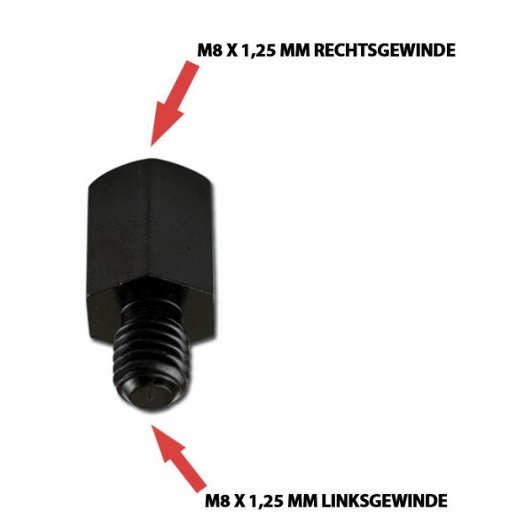 Spiegeladapter M8 x 1.25 mm Rechtsgewinde in / M8 x 1.25 mm Linksgewinde out, schwarz, Maße 25x13mm