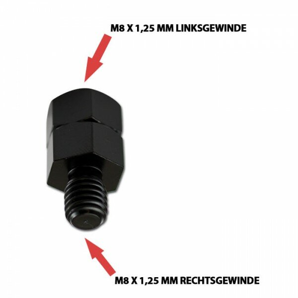 Spiegeladapter M8 x 1.25 mm Linksgewinde in / M8 x 1.25 mm Rechtsgewinde out, schwarz, Maße 25x13mm