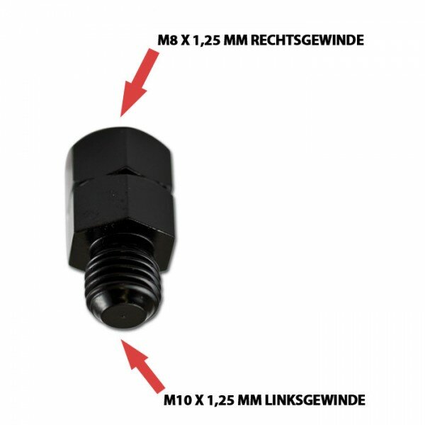 Spiegeladapter M8 x 1.25 mm Rechtsgewinde in / M10 x 1.25 mm Linksgewinde out, schwarz, Maße 25x13mm
