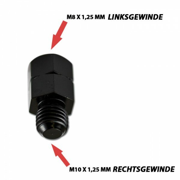 Spiegeladapter M8 x 1.25 mm Linksgewinde in / M10 x 1.25 mm Rechtsgewinde out, schwarz, Maße 25x13mm