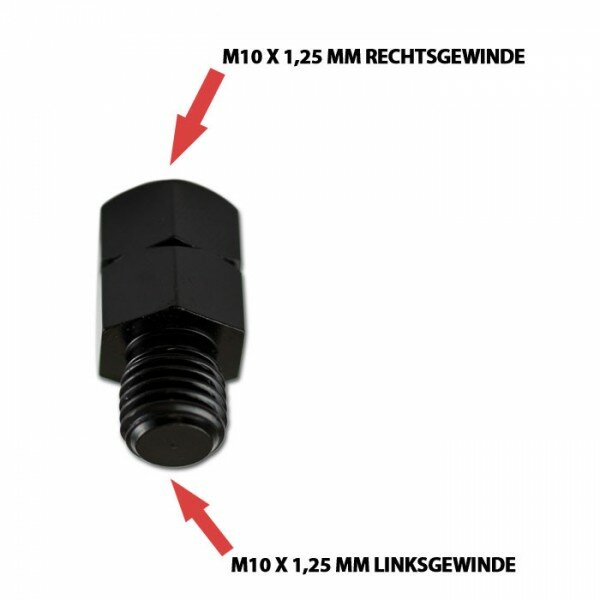 Spiegeladapter M10 x 1.25 mm Rechtsgewinde in/ M10 x 1.25 mm Linksgewinde out, schwarz, Maße 25x13mm