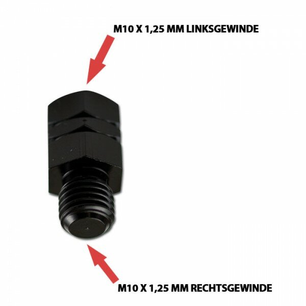 Spiegeladapter M10 x 1.25 mm Linksgewinde in / M10 x 1.25 mm Rechtsgewinde out, schwarz, Maße 25x13mm