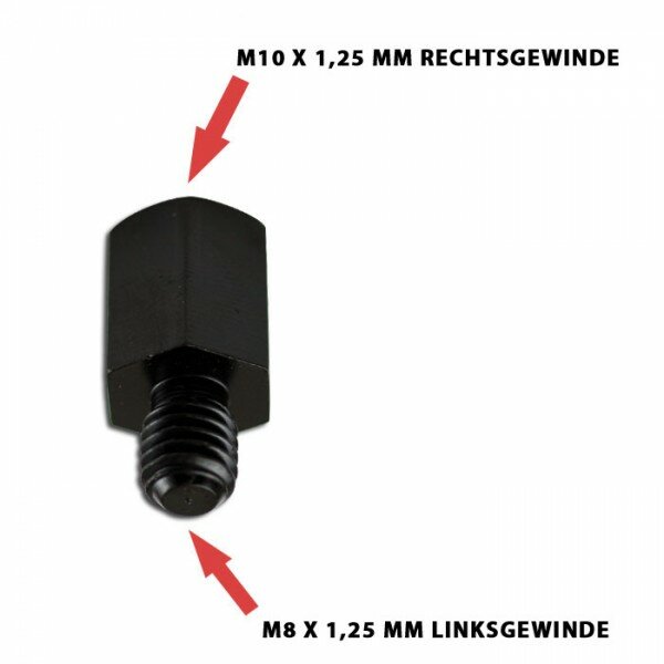 Spiegeladapter M10 x 1.25 mm Rechtsgewinde in / M8 x 1.25 mm Linksgewinde out,schwarz, Maße 25 x 13mm