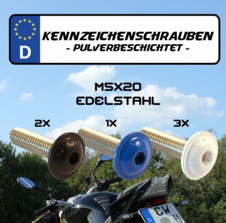 Nummernschildschrauben-Set "M5 x 20" | Set 6 Stück Typ1 mit Flansch | 1x blau | 3x weiss | 2x schwarz