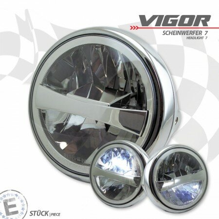 LED-Scheinwerfer "Vigor" 7" | klar | chrom M8 seitlich | Nevo Style | Klarglas | E-geprüft