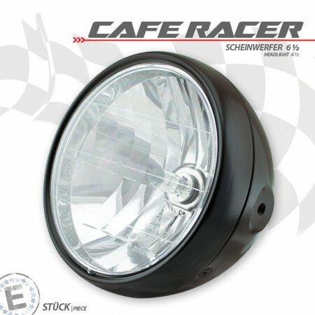 H4-Scheinwerfer "CafeRacer" 6,5 " | schwarz klar | Standlicht 4W | seitlich M8 | E-geprüft