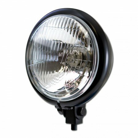 Scheinwerfer "Bates-Style" 5-3/4" | H4 | schwarz Streuglas | untere Befestigung M10 | E-geprüft