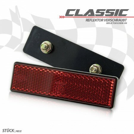 Reflektor "Classic" | rechteckig | rot | mit Rand Maße: 94 x 27,5  x 9mm | 2 x M5 Bolzen | E-geprüft