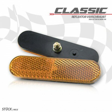 Reflektor "Classic" | abgerundet | gelb | o. Rand Maße: 96 x 24 x 8 mm | M5 Bolzen | E-geprüft