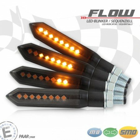 LED-Blinker "FLOW" | SEQ | Alu | schwarz M8 | Paar | L77 x T13 x H14mm | getönt | E-geprüft
