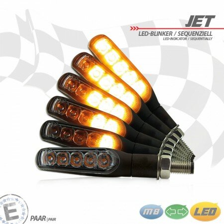 LED-Blinker "JET" | SEQ | Alu | schwarz M8 | Paar | L92 x B16 x H18mm | getönt | E-geprüft