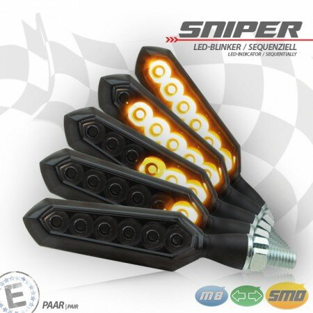 LED-Blinker "SNIPER" | SEQ  | Alu | schwarz M8 | Paar | L70 x T23 x H20mm | getönt | E-geprüft