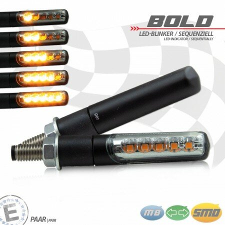 LED-Blinker "BOLD" | SEQ | Alu | schwarz M8 | Paar | L65 x Ø 19mm | getönt | E-geprüft