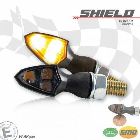 LED-Blinker "SHIELD" | schwarz | ABS | M8 Paar | L26 x B16 x H16,5mm | getönt | E-geprüft