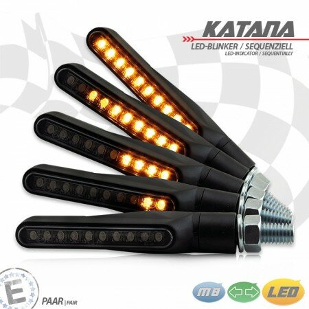 LED-Blinker "KATANA" | SEQ | Alu | schwarz M8 | Paar | L63 x T30 x H15mm | getönt | E-geprüft