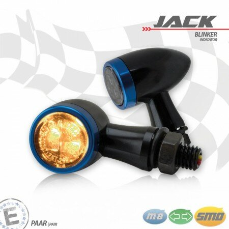 SMD-Blinkerset "Jack" | schwarz | Zierring blau M8 | Alu | getönt | Ø 22 x T 37 mm | E-geprüft