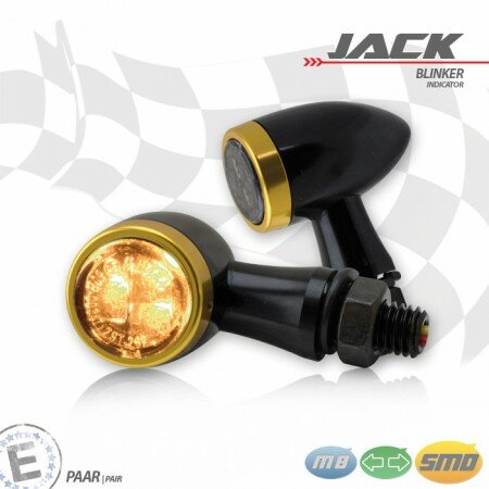 SMD-Blinkerset "Jack" | schwarz | Zierring gold M8 | Alu | getönt | Ø 22 x T 37 mm | E-geprüft