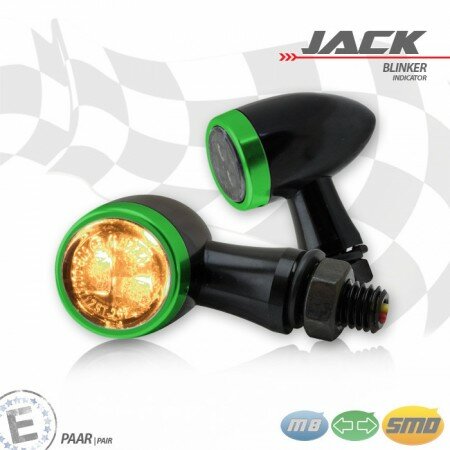 SMD-Blinkerset "Jack" | schwarz | Zierring grün M8 | Alu | getönt | Ø 22 x T 37 mm | E-geprüft