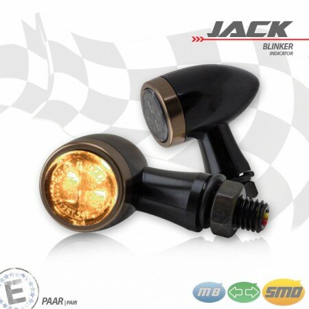 SMD-Blinkerset "Jack" | schwarz | Zierring kupfer M8 | Alu | getönt | Ø 22 x T 37 mm | E-geprüft