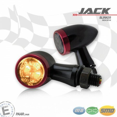 SMD-Blinkerset "Jack" | schwarz | Zierring rot M8 | Alu | getönt | Ø 22 x T 37 mm | E-geprüft