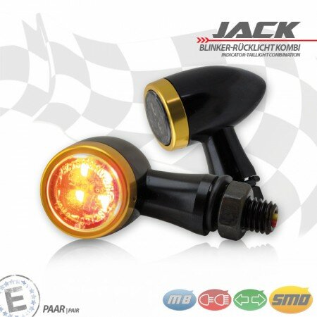 SMD-Blinker/RL-Set "Jack" | schwarz | Alu | M8 Zierring gold | getönt | Ø22xT37mm | E-geprüft