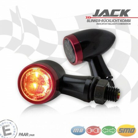 SMD-Blinker/RL-Set "Jack" | schwarz | M8 | Alu Zierring rot | getönt | Ø22x T37mm | E-geprüft