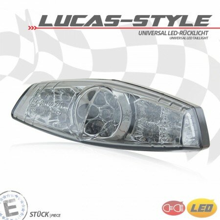 LED-Rücklicht "Lucas-Style" | getönt | mit KZB Maße: H 35 x B 110mm | Bolzenabstand: M5 x 80,5mm