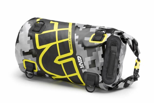 GIVI Easy-T Waterproof - Gepäckrolle 30 L graues Camouflage-Design, neongelber Schriftzug