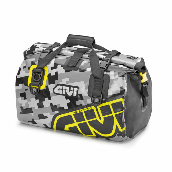 GIVI Easy-T Waterproof - Gepäckrolle mit Tragegurt 40 L graues Camouflage-Design, neongelber Schriftzug