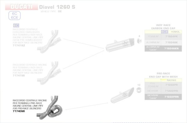 71740MI-Arrow Zwischenrohr zentral für Pro-Race Anlagen Ducati Diavel 1260 S 19-