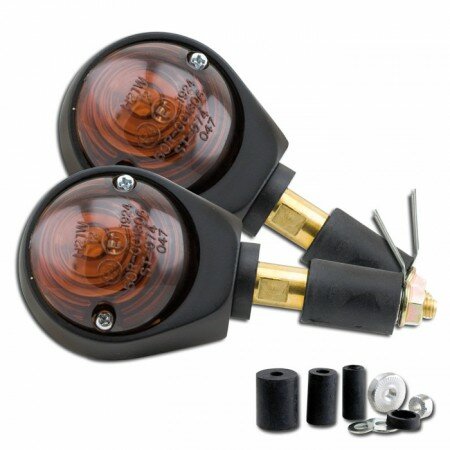 Ochsenaugen-Blinker | schwarz-matt | 7/8" + 1" Maße: 53mm x 48mm | 12V/21W Halogen | E-geprüft