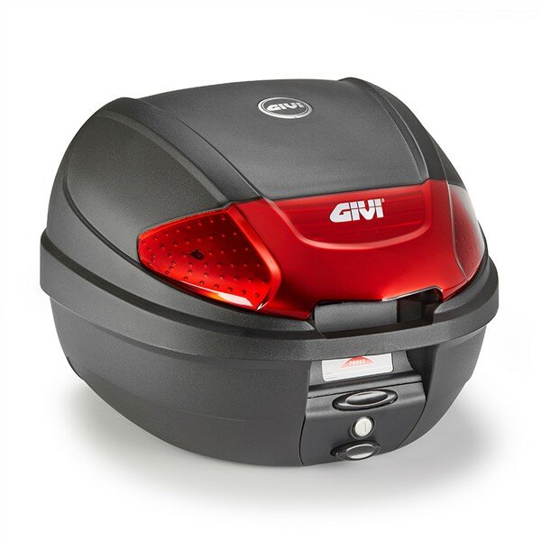 GIVI E300 - Monolock Topcase, 30 L., schwarz mit rotem Reflektor, mit Platte u. Universalkit