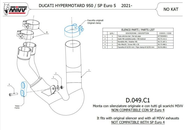 D.049.C1-MIVV Katersatzrohr DUCATI HYPERMOTARD 950-SP-RVE 19-24