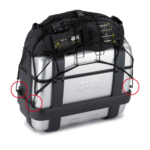 GIVI Halter für Gepäcknetz - Trekker TRK33N - TRK46N schwarz Bestehend aus 4 Plastikösen und dem dazugehörigen Schraubensatz. Zur Befestigung sind 4 Bohrungen (10mm) nötig.
